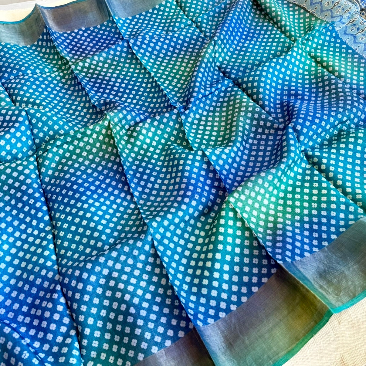 Peacock Blue Green Ajrakh Pallu Pure Tussar Silk Saree