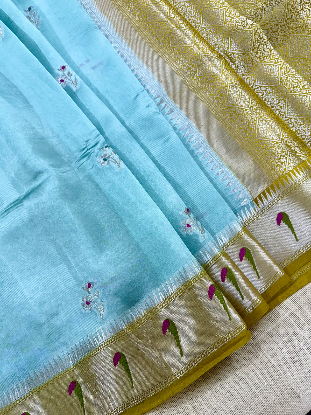Soft pastel Aqua Floral Paithani Kora Silk Saree