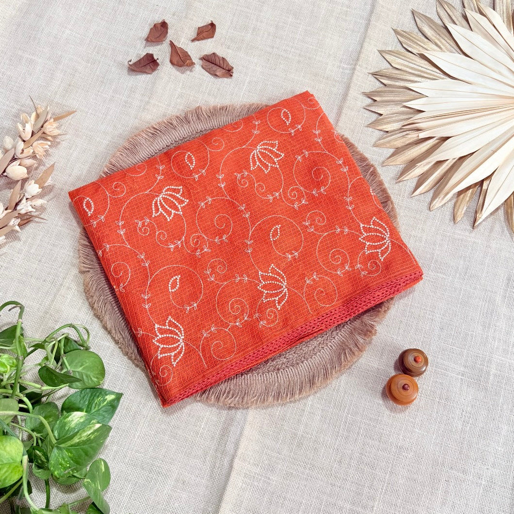 Orange Kota Cotton Crochet Embroidery Saree