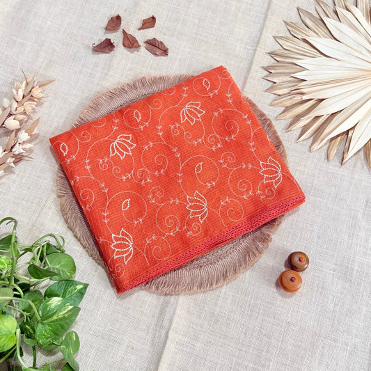 Orange Kota Cotton Crochet Embroidery Saree