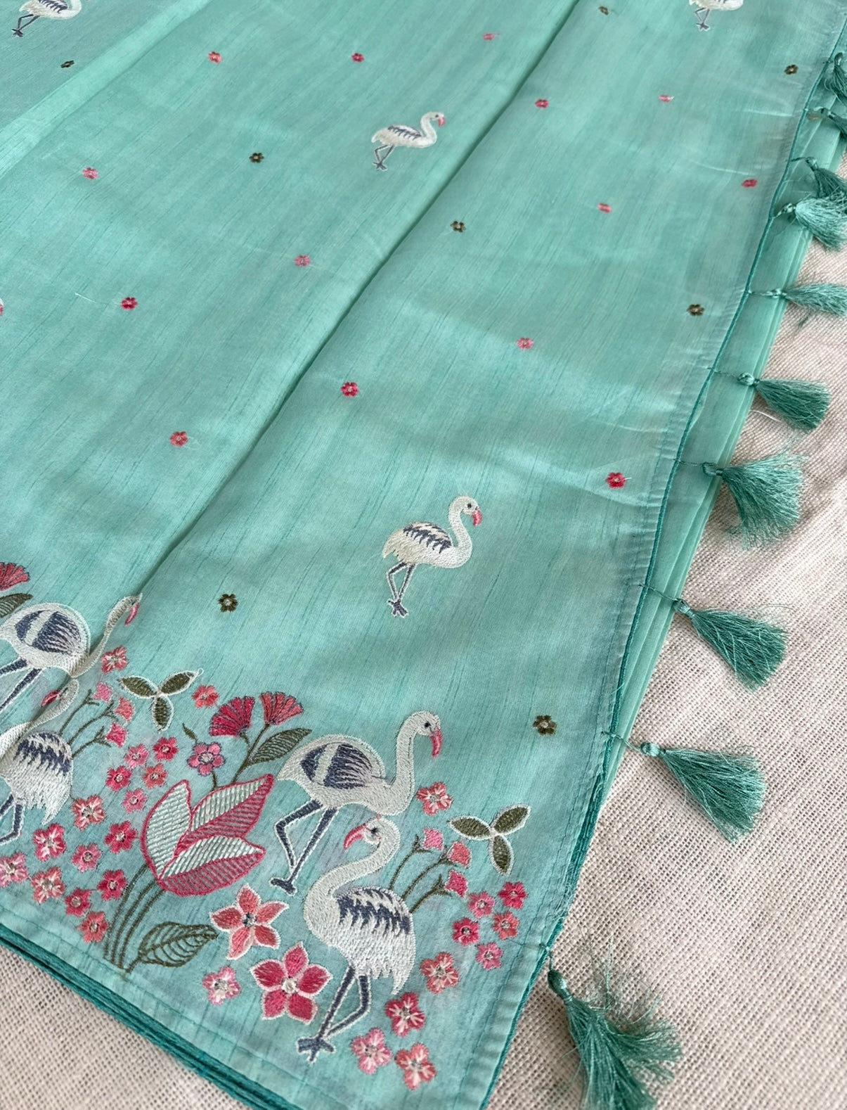 Crane Embroidery Semi Tussar Saree