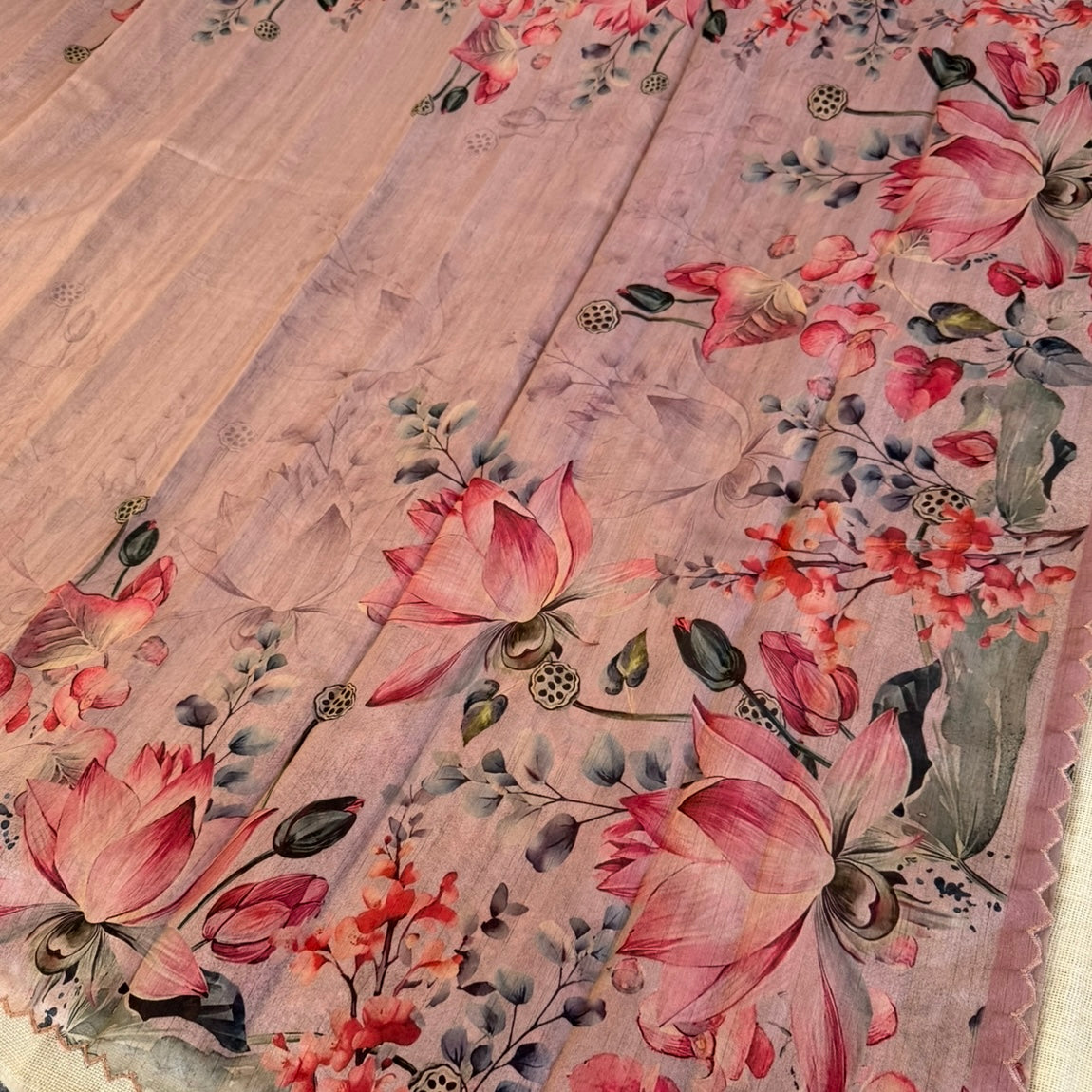Onion Pink Floral Semi Tussar Saree