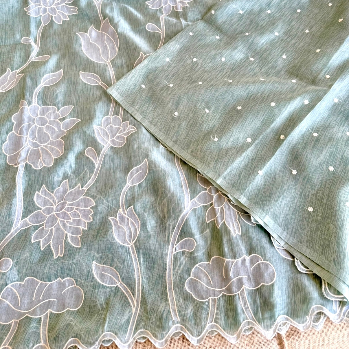Pastel Green Linen Organza Appliqué Saree