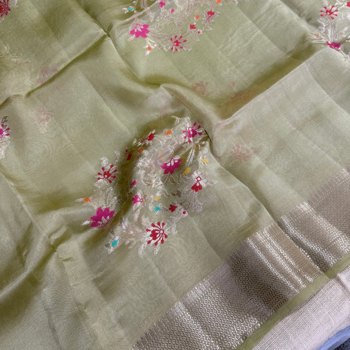 Olive Floral Kora Silk Saree