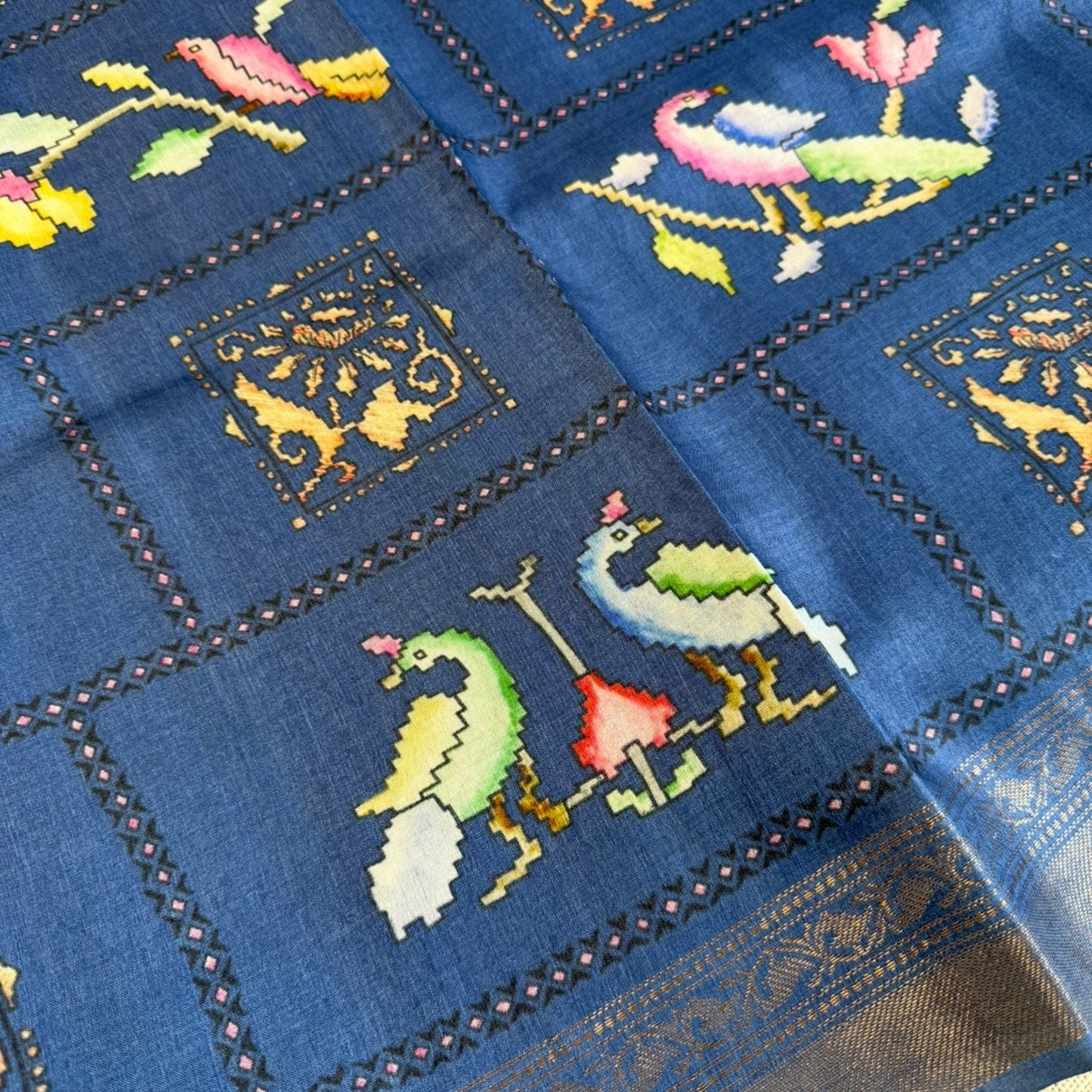 Dark Blue Digital Printed Pure Tussar Silk