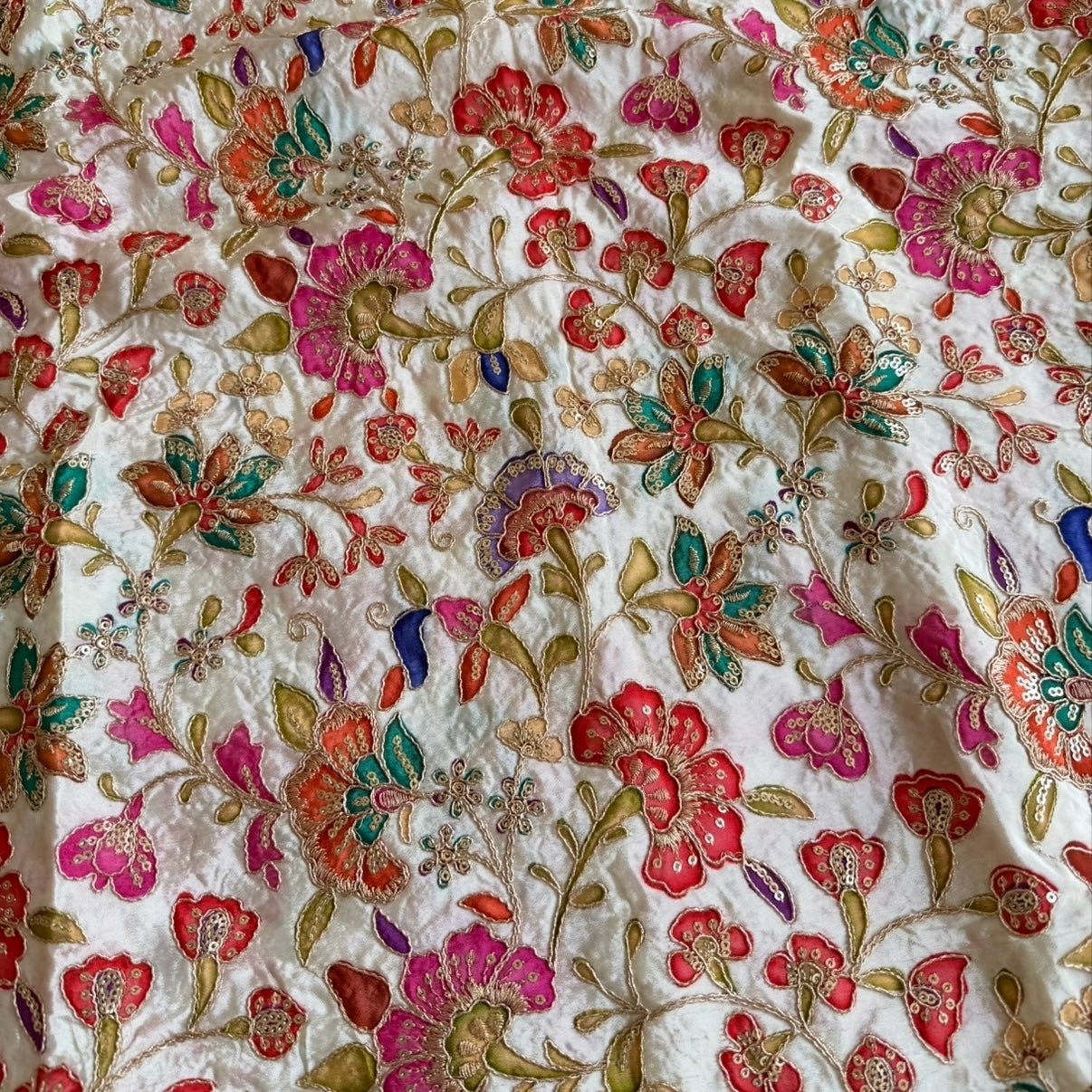 Ivory Rich Floral Embroidery Designer Crepe Blouse Fabric
