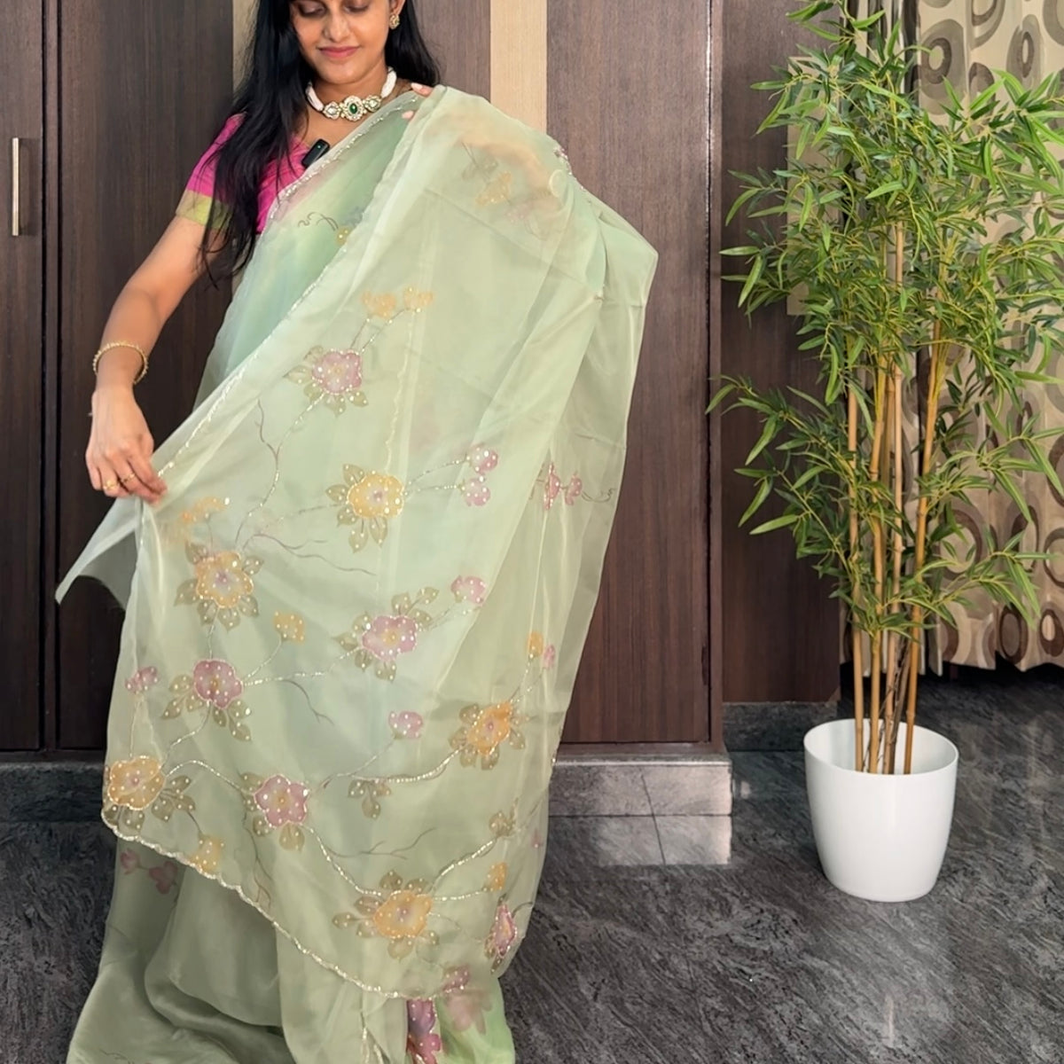Pista Green Soft Organza Designer Saree
