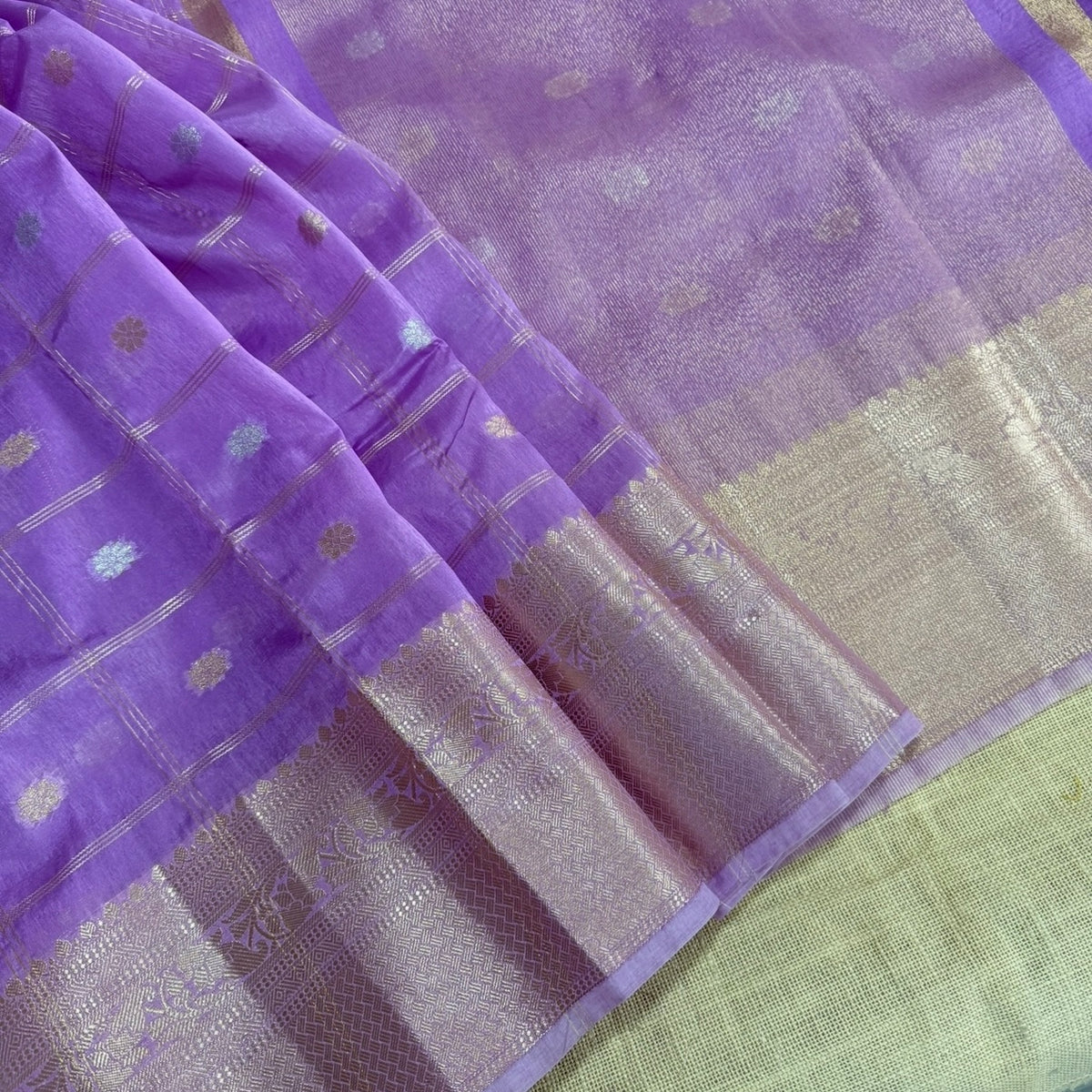 Lilac Checked Kora Silk Saree