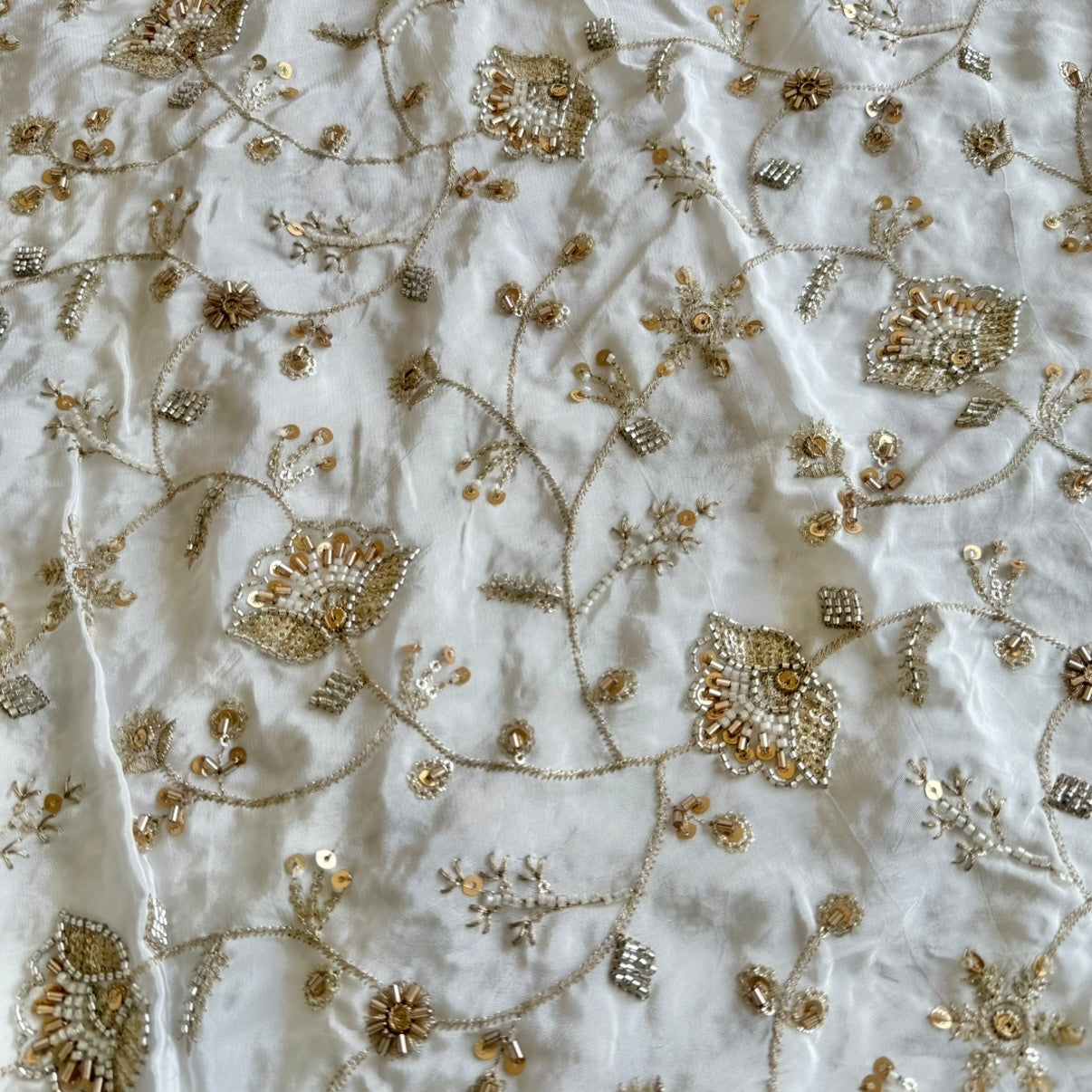 White Natural Crepe Designer Hand Embroidered Fabric