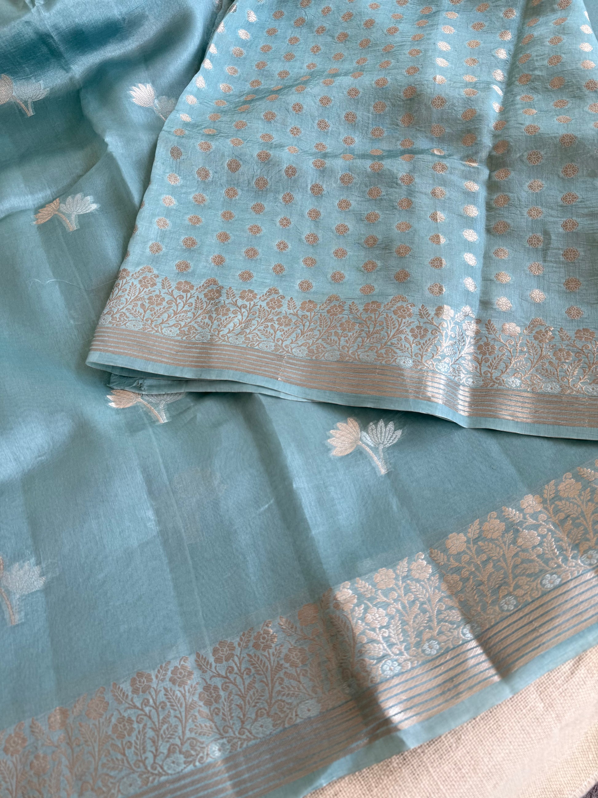 Pastel blue gold Zari flora thread Kora silk saree  
