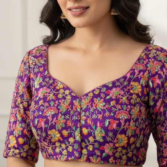 Purple Designer Floral Embroidery Crepe Blouse Fabric