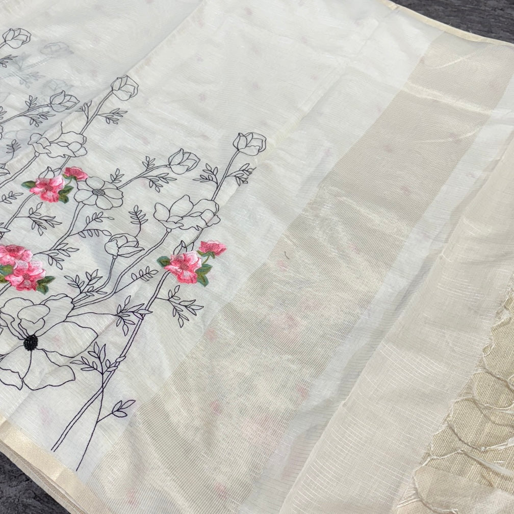 Soft Pearl White Chanderi Silk Saree