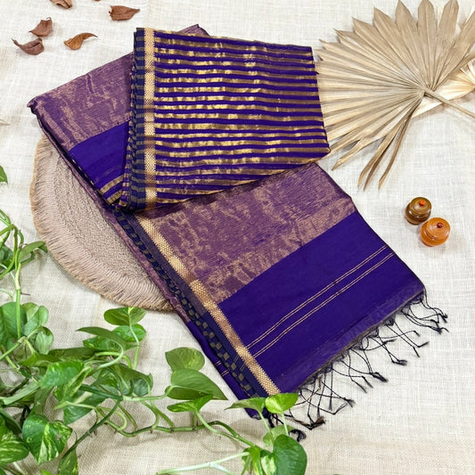Purple Gold Stripes Maheshwari Silk Cotton Saree