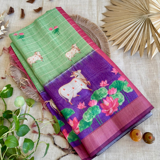 Green Purple Pichwai lotus cow Semi Tussar Saree