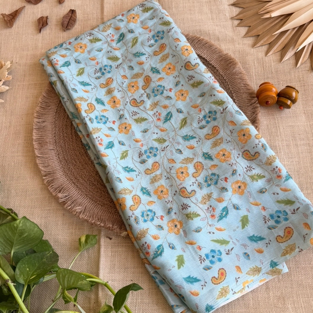 Sky Blue Designer Floral Embroidery Chinnon Blouse Fabric