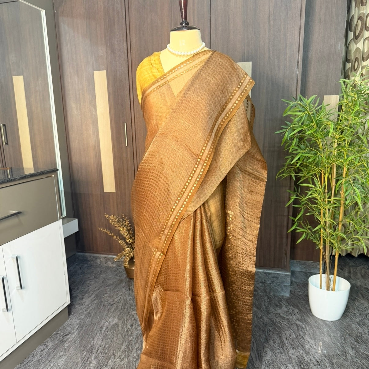 Chocolate Brown Pure Muslin Tissue Sequin Saree