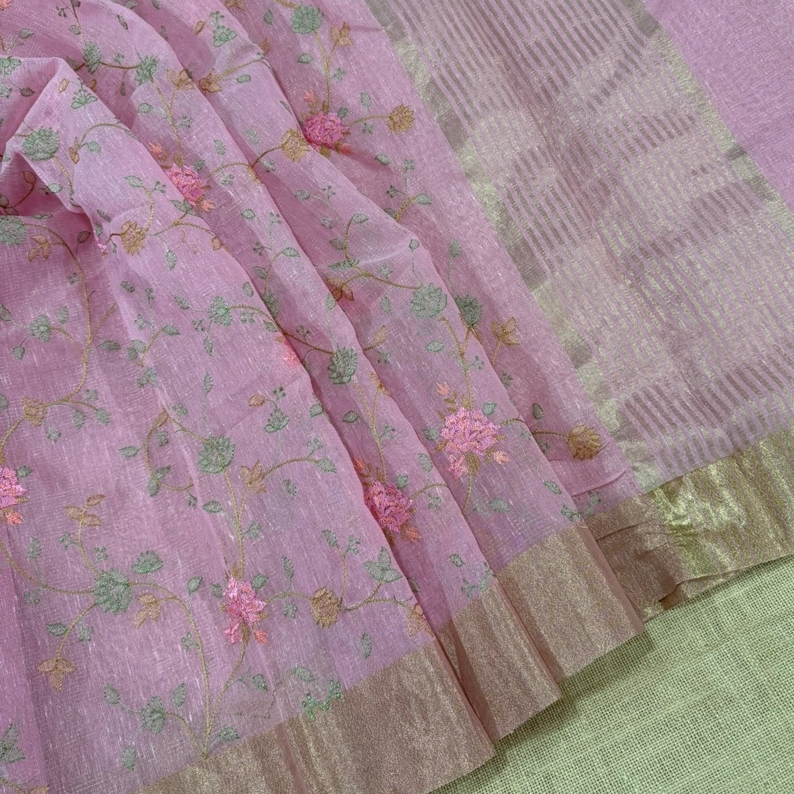 Blush Pink Floral Embroidery Tissue Saree