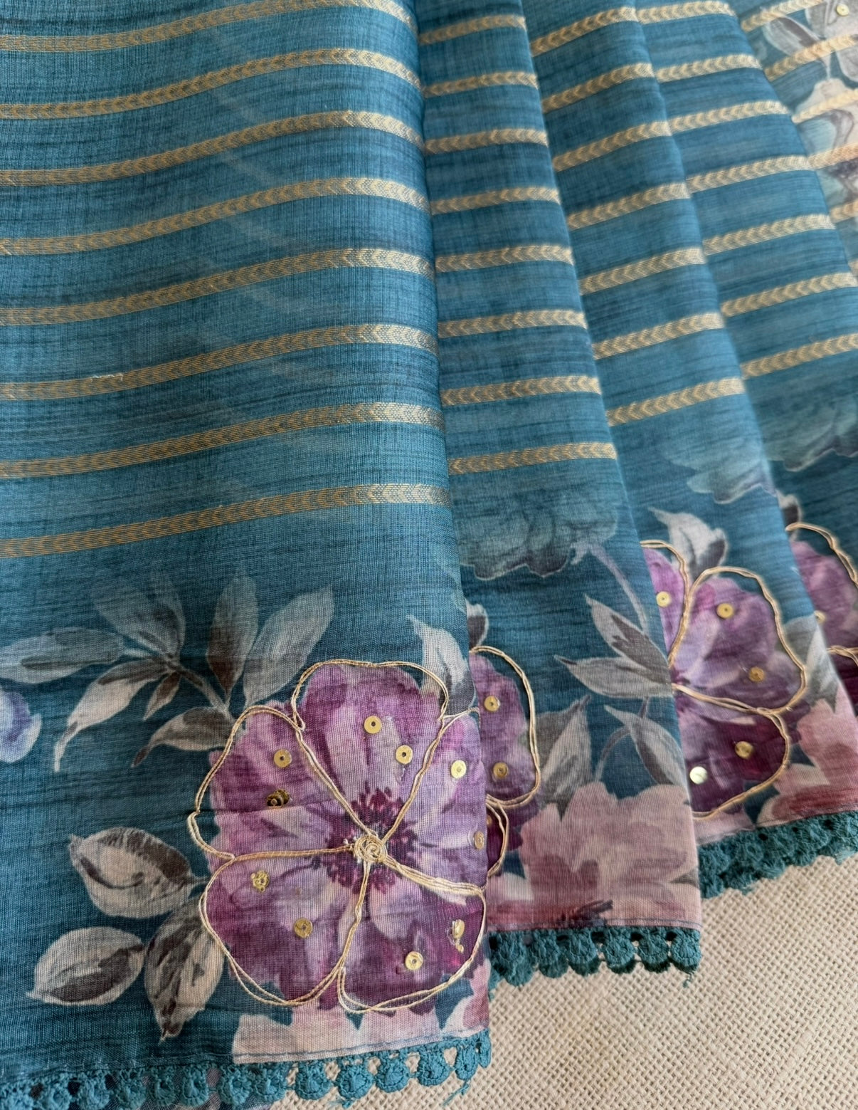 Teal Blue Floral Fancy Saree