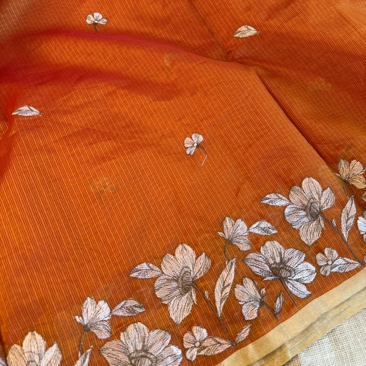 Orange Kota Tissue Embroidery Saree