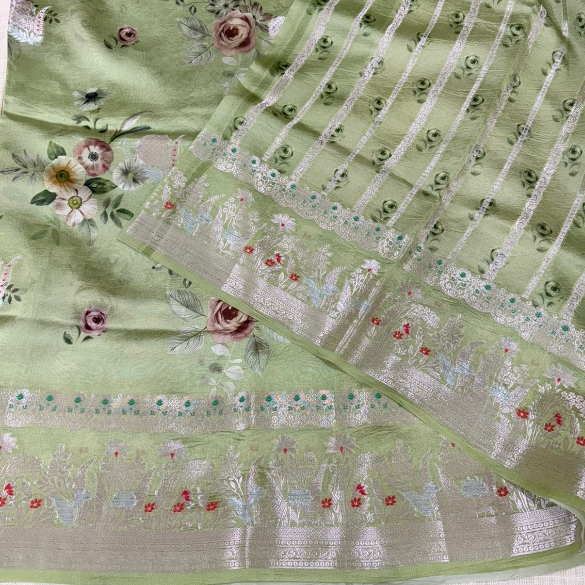 Mint Sage Floral Digital Raw Mango Silk Saree
