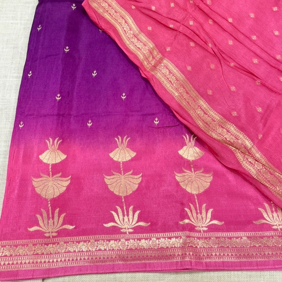 Purple with Pink Pure Crepe Silk Saree