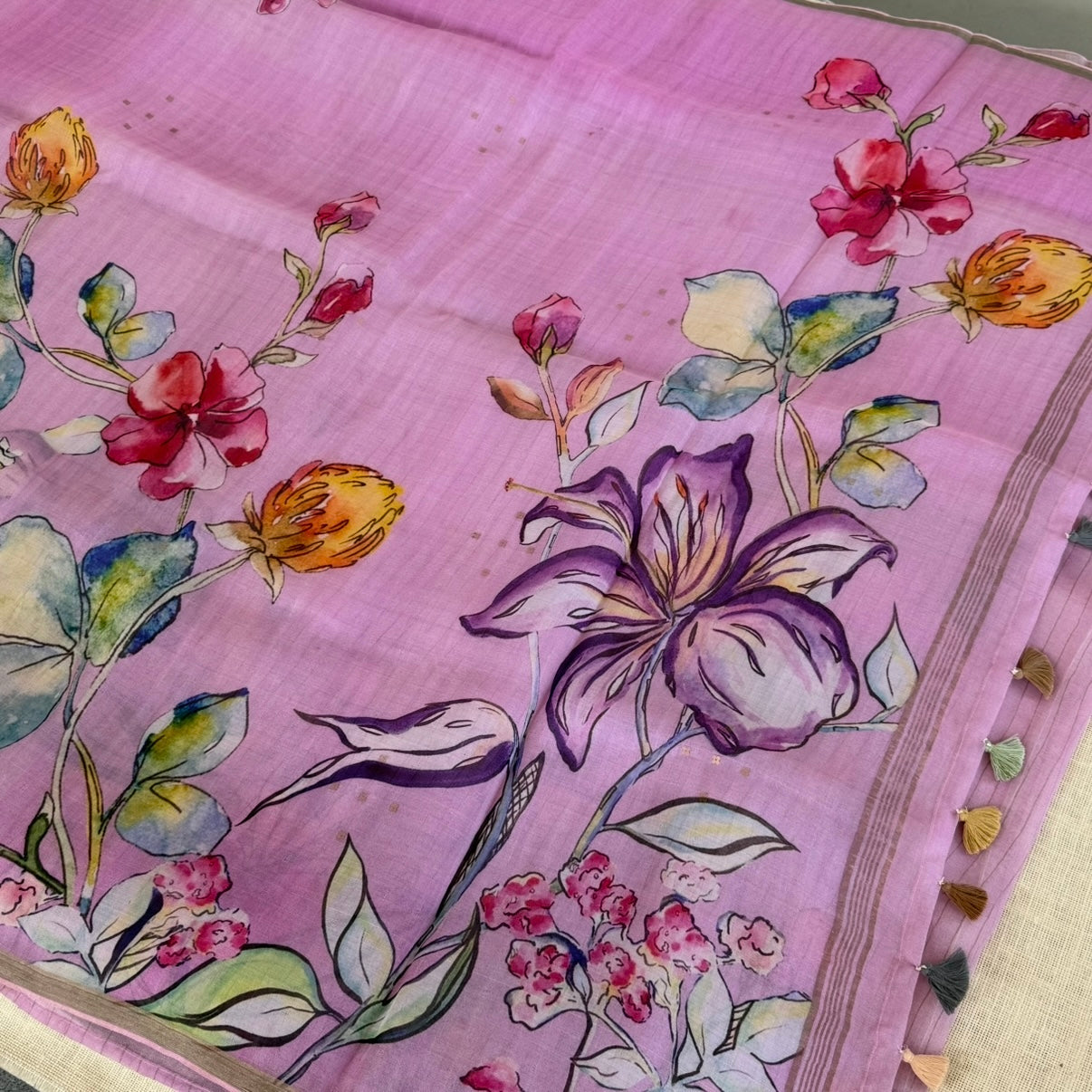 Pinkish Lavender Floral Digital Printed Muslin Sequin Silk