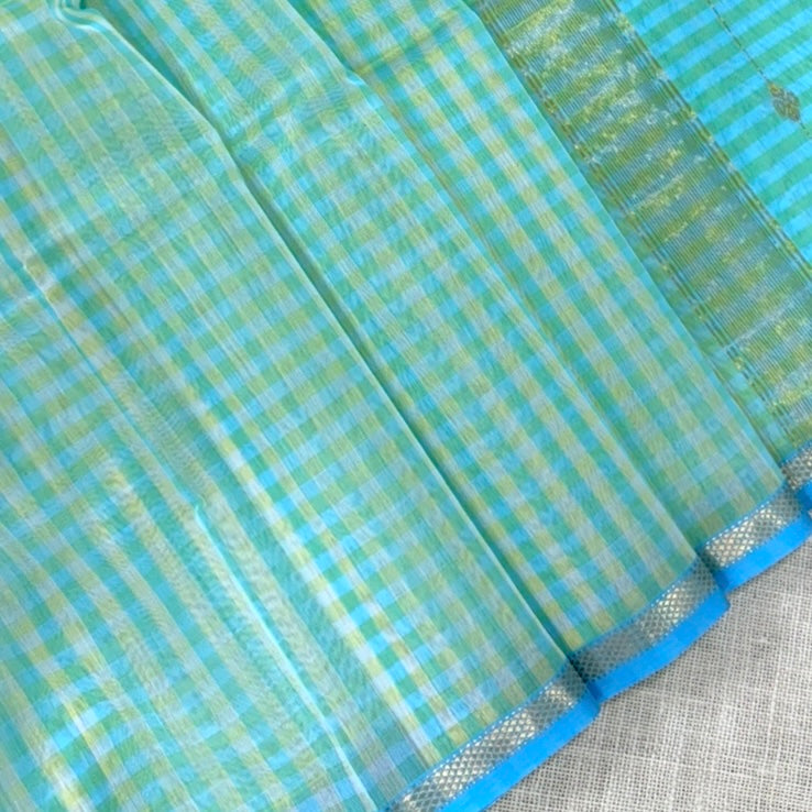 Sky Blue Yellow Checked Maheshwari Silk Cotton Saree