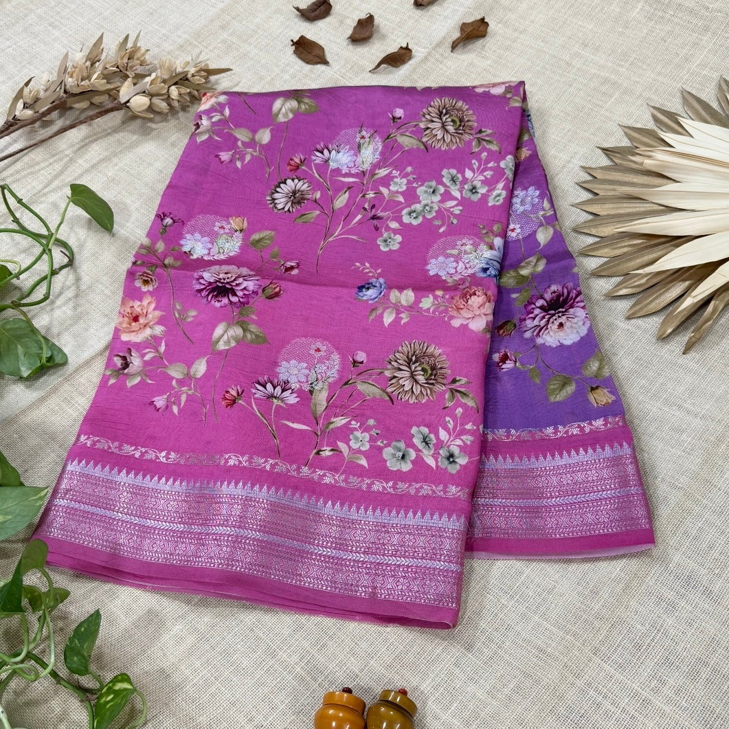 Pink with Purple Ombré Floral Digital Raw Mango Silk Saree 