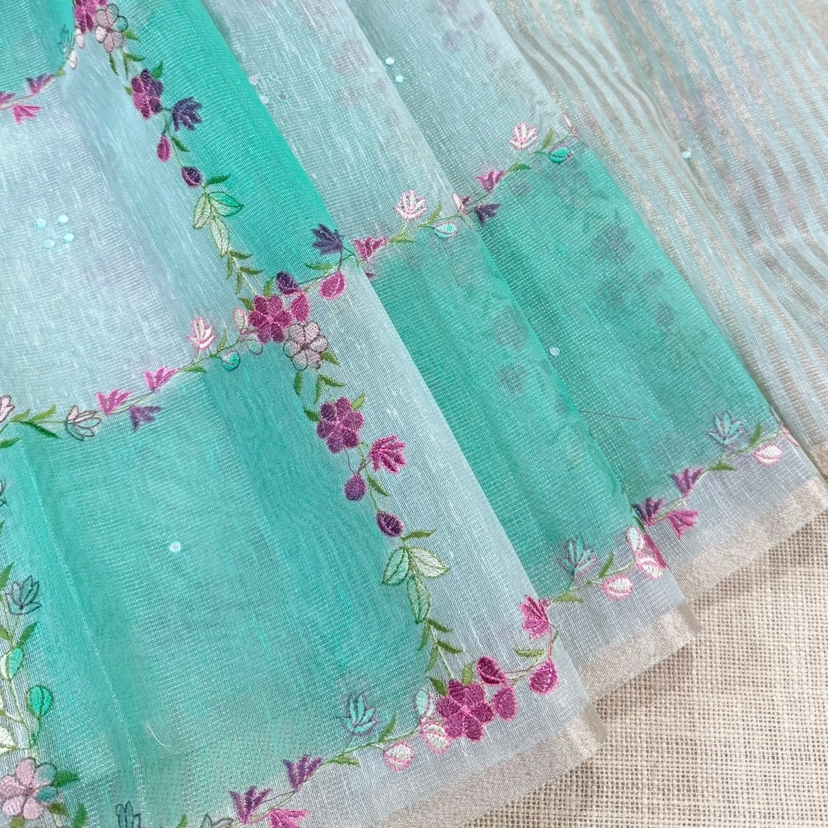 Teal Green Floral Embroidery Tissue Linen Saree