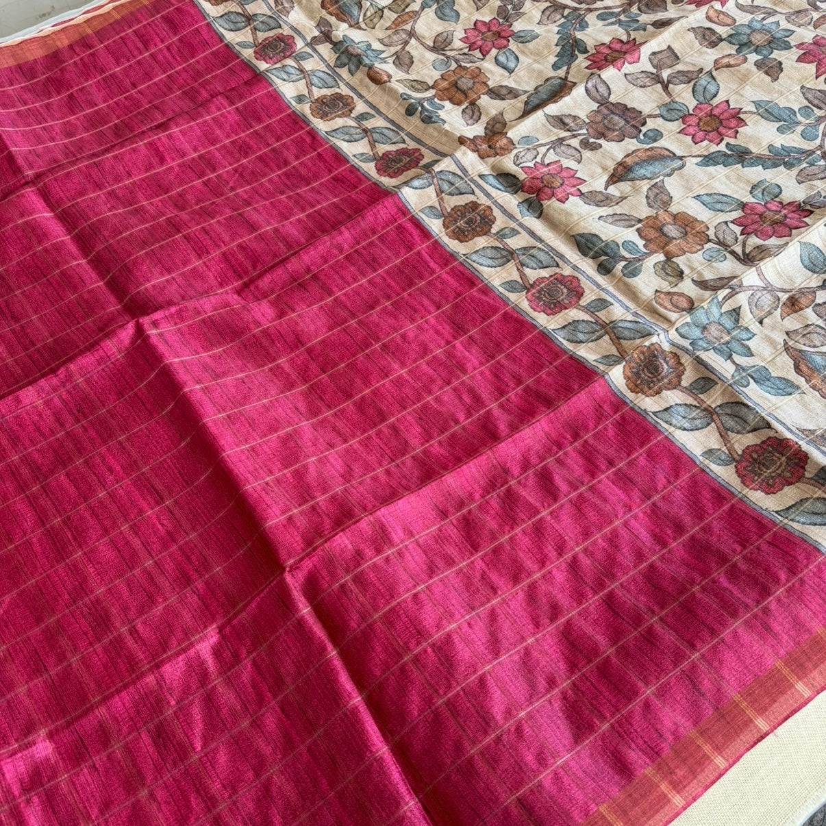 Pink Checks Kalamkari Semi Tussar Saree