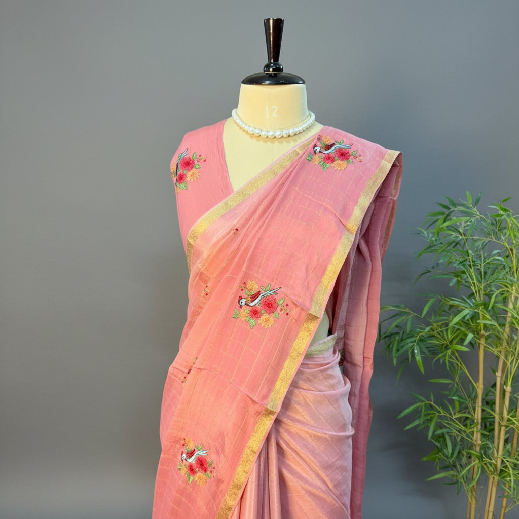 Peach Zari Checks Chinnon Silk Saree