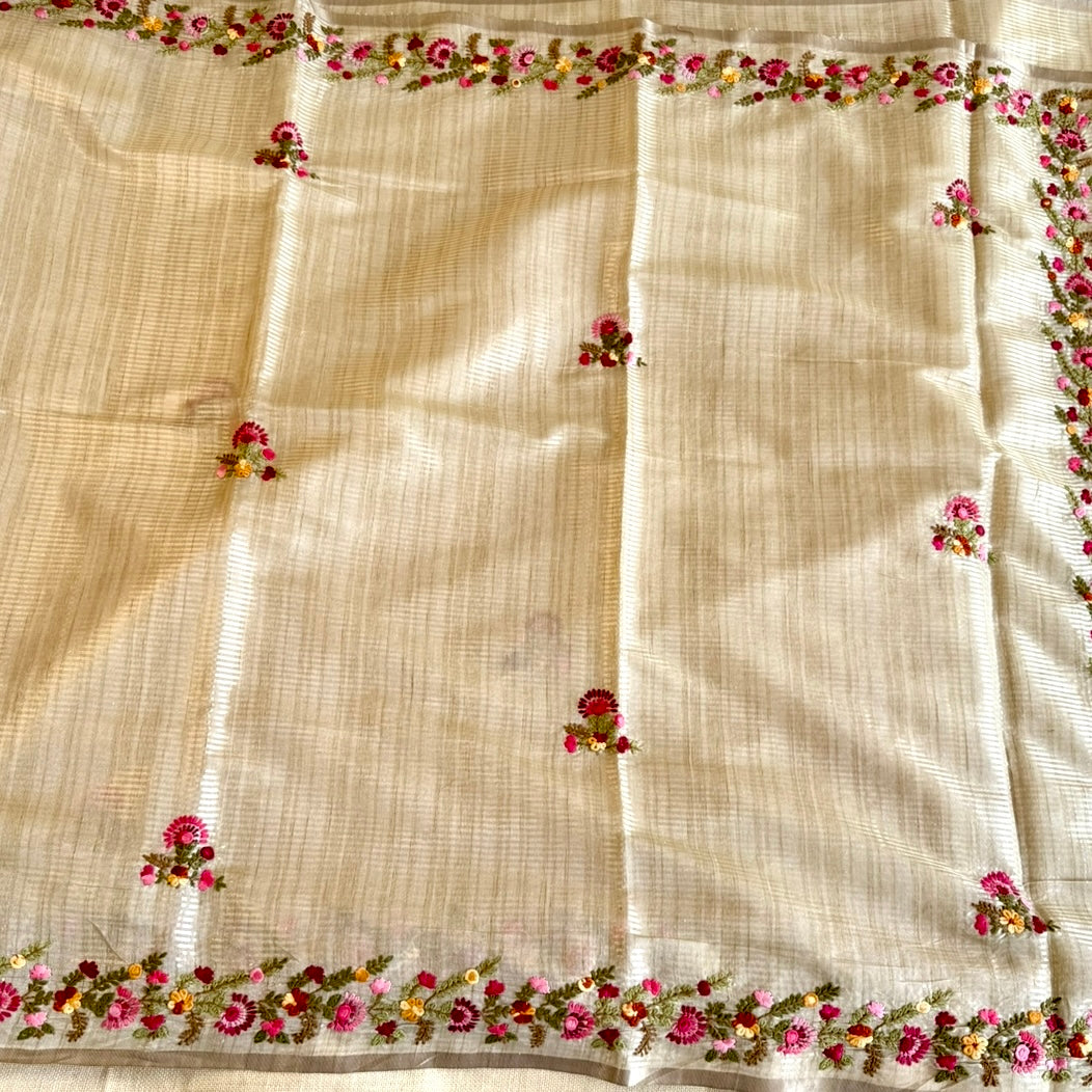 Beige Tissue Floral Embroidery Chapa Tussar Saree