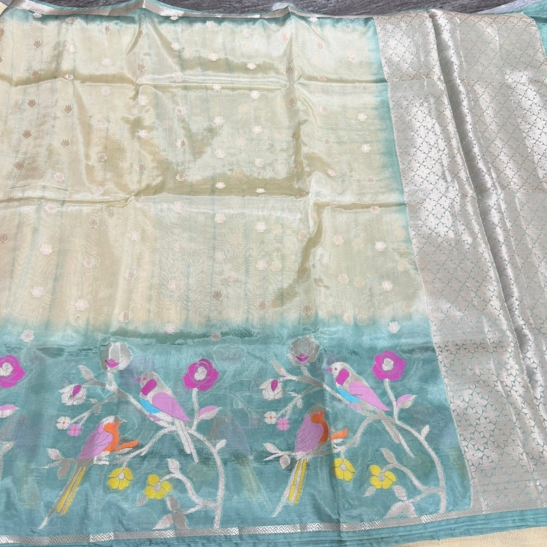 Sea Green Off White Floral Paper Silk Saree