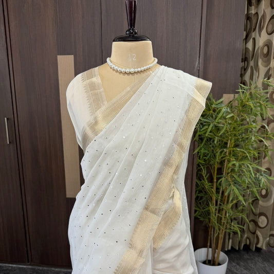 Off White Gold Silver Zari Mirror work Linen Silk Saree