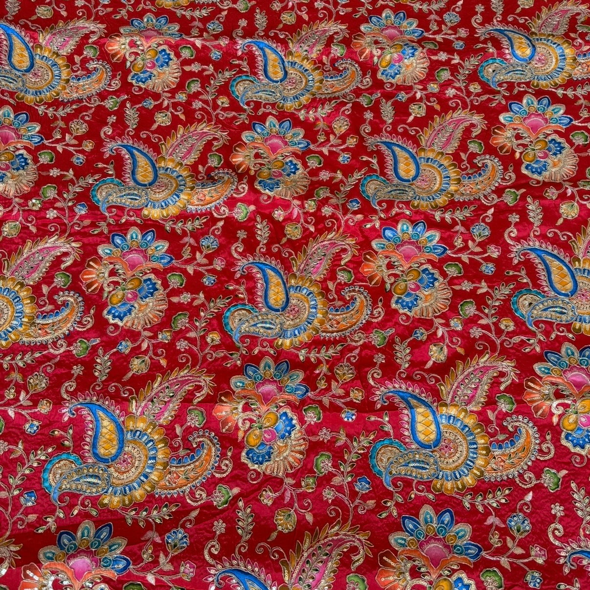 Red Designer Paisley Floral Embroidery Crepe Blouse Fabric