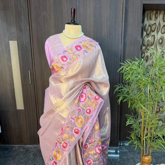 Lilac Brocade Floral Embroidery Pure Organza Saree