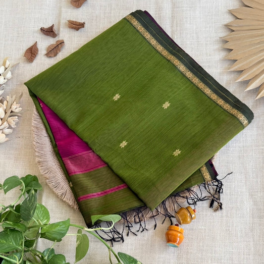 Green Maheshwari silk cotton saree with pink pallu