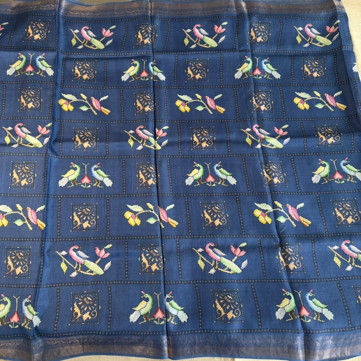 Dark Blue Digital Printed Pure Tussar Silk