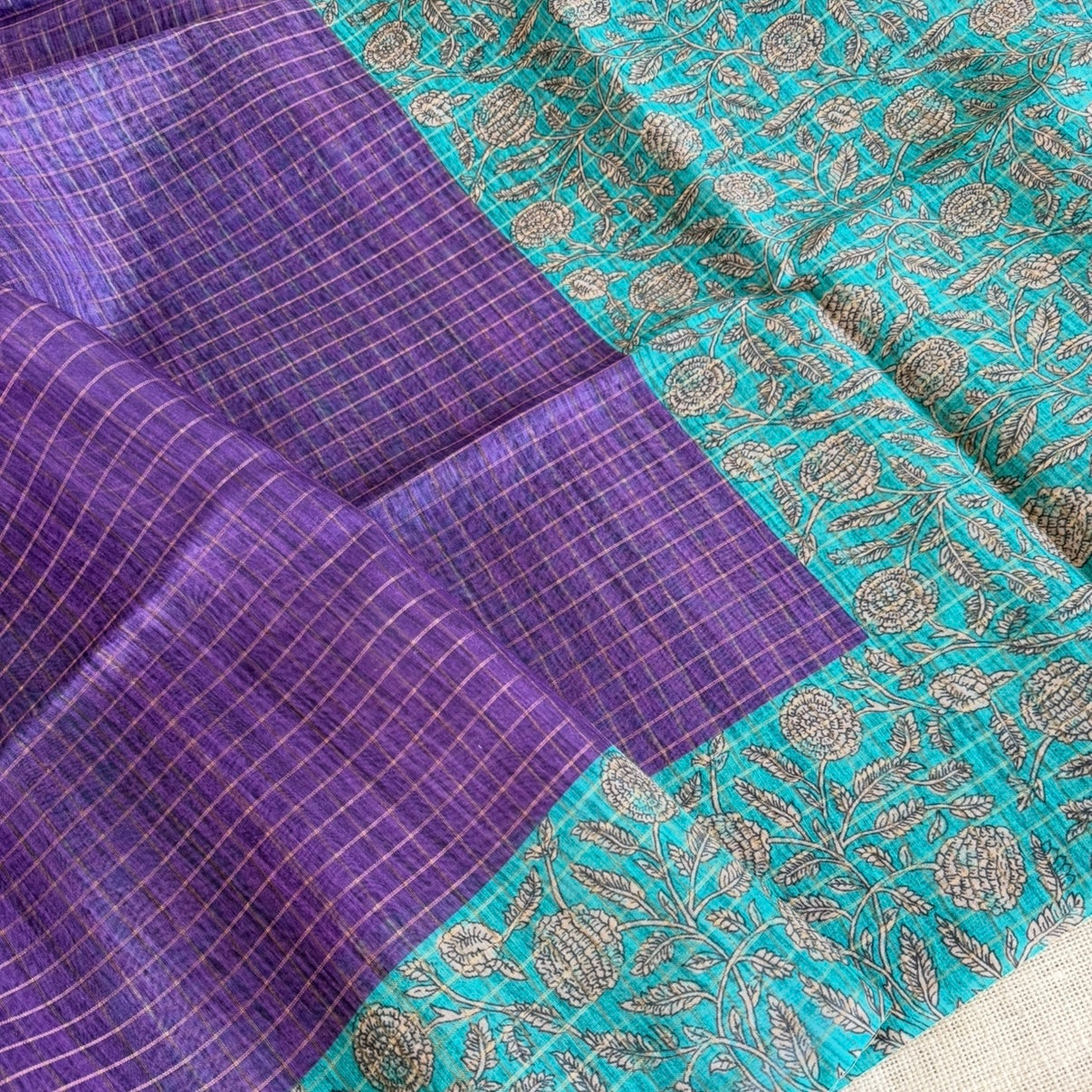 Purple n Blue Checked Semi Tussar Saree