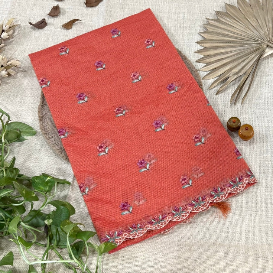 Orange Kota Scallop Embroidery Saree