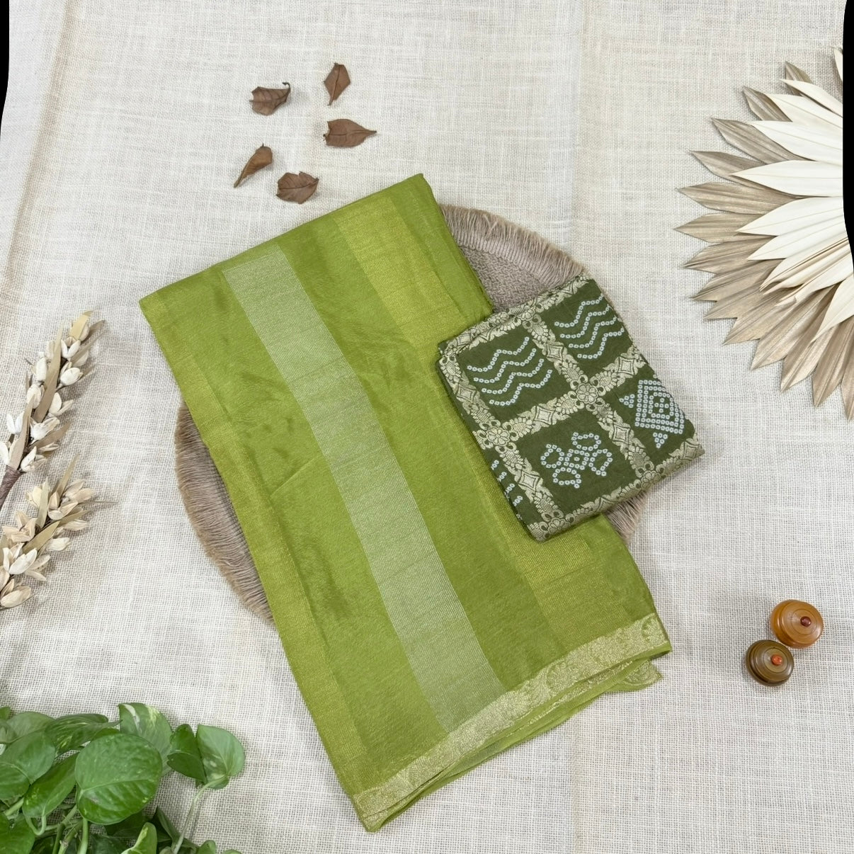 Mehendi Green Zari Stripes Chinnon Silk Saree