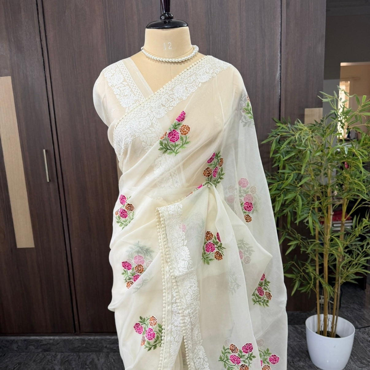 Off White Intricate Floral Embroidery Kora Saree