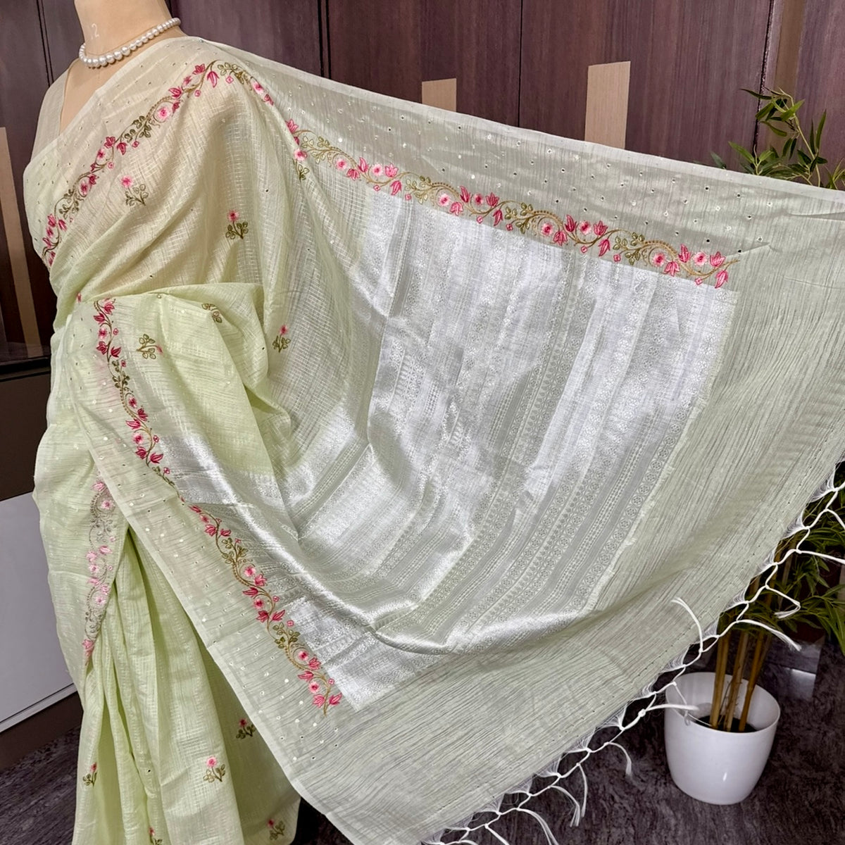 Pista Green Pink Floral Embroidery Linen Mirror Saree