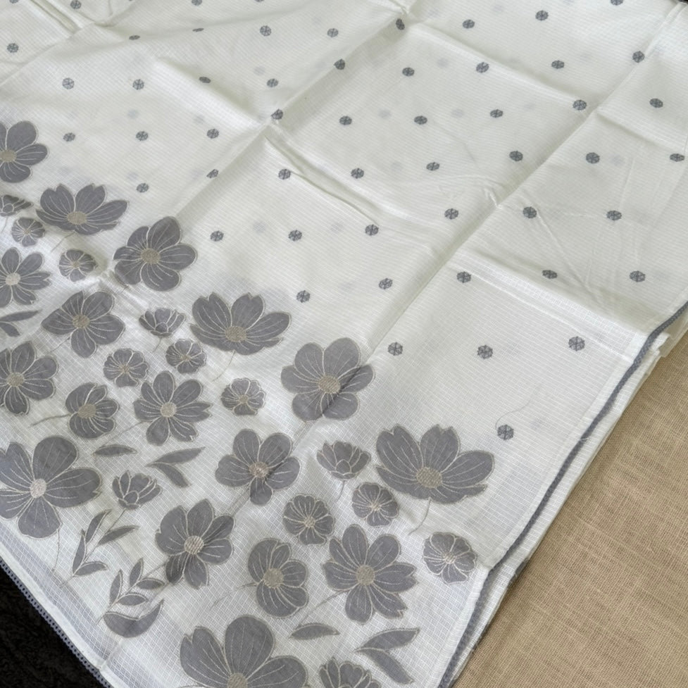 Off White Grey Kota Applique Saree