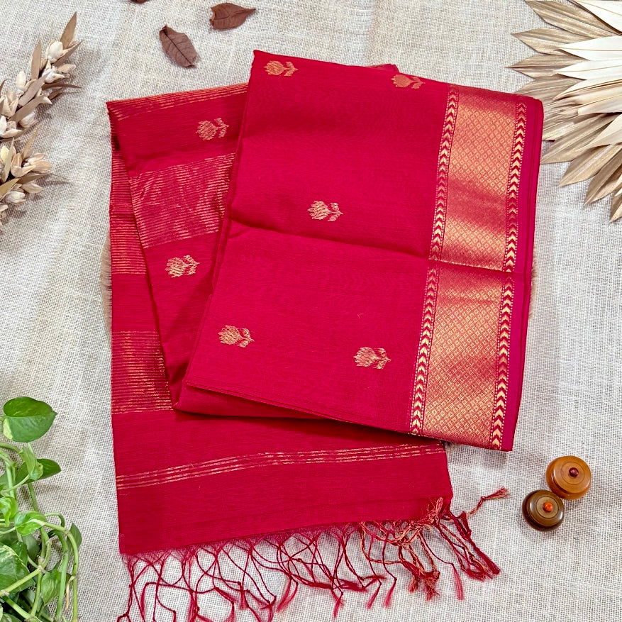 Red Lotus Butta Maheshwari Silk Cotton Saree