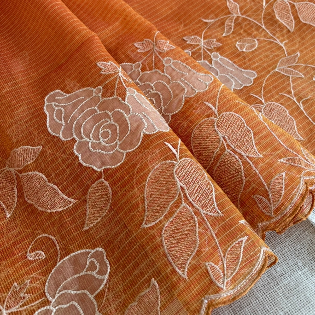Orange Kota Tissue Embroidery Saree