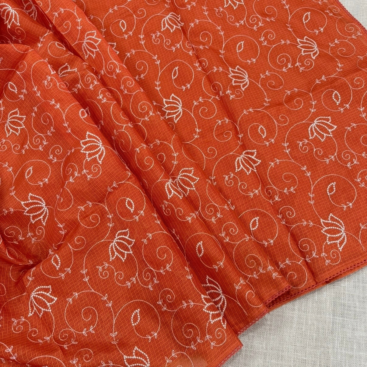 Orange Kota Cotton Crochet Embroidery Saree 