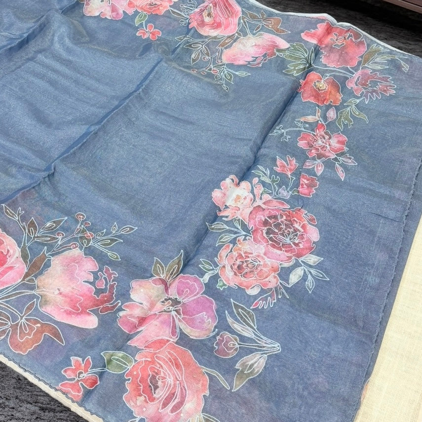 Grey Floral Tissue Semi Tussar Saree