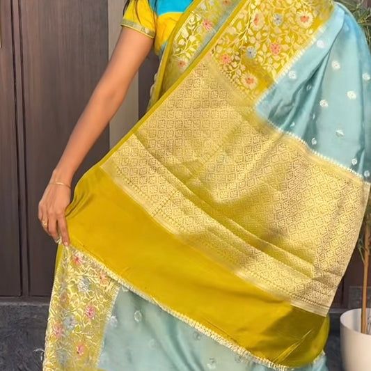 Sky Blue Lime Green Floral Pure Kora Silk Saree