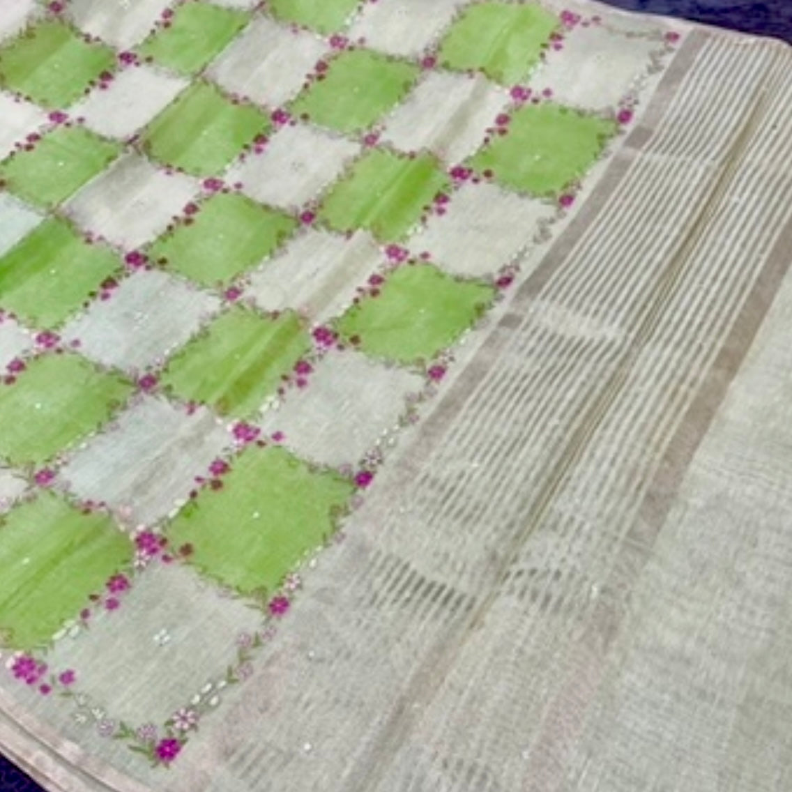 Green Floral Embroidery Tissue Linen Saree